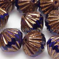 捷克圓切角菱形珠9mm寶藍色/金線紋-10個