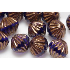 捷克圓切角菱形珠9mm寶藍色/金線紋-10個