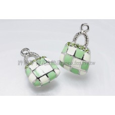 琺瑯水鑽格紋包墜飾正白+綠-23*15mm-1個