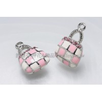 琺瑯水鑽格紋包墜飾正白+粉紅-23*15mm-1個
