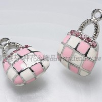 琺瑯水鑽格紋包墜飾正白+粉紅-23*15mm-1個