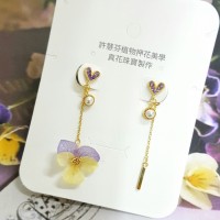 黃紫香堇花水鑽愛心耳環飾品