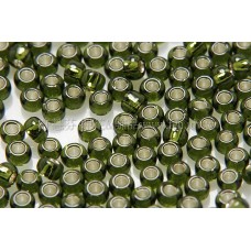 2mm日本珠墨綠色玻璃內鑲-綠金色--10g